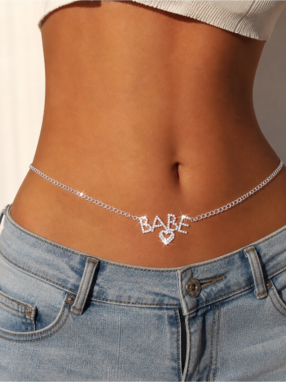 Silver Rhinestone BABE Belly Chain Waist Chain Y2K Glam Sparkle Body Jewelry